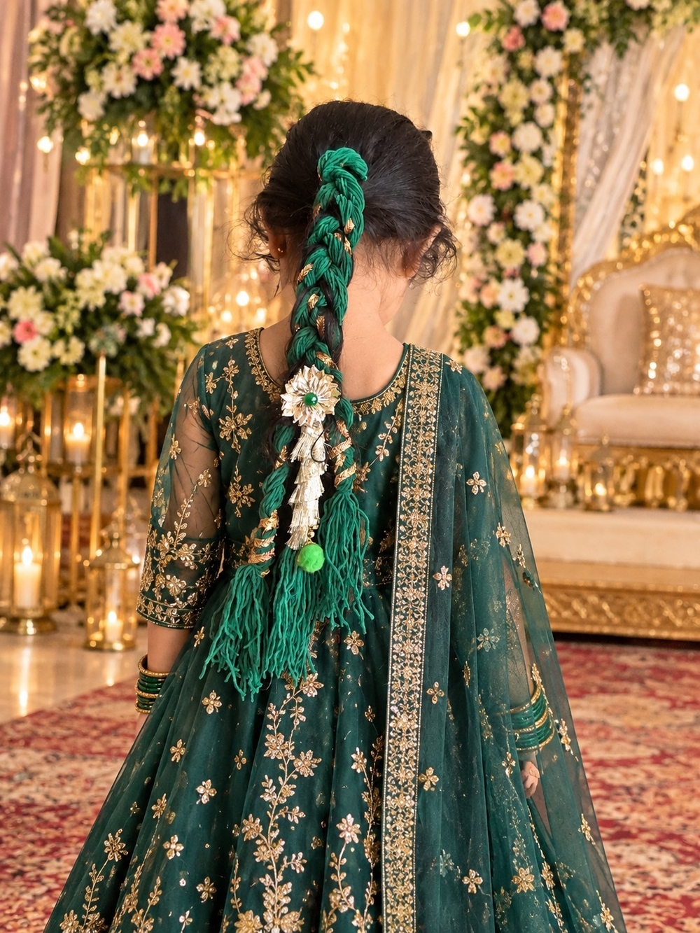 18" Green Handmade Paranda Parandi Indian Hair Accessory Girls Women Navratri - Picture 3 of 8